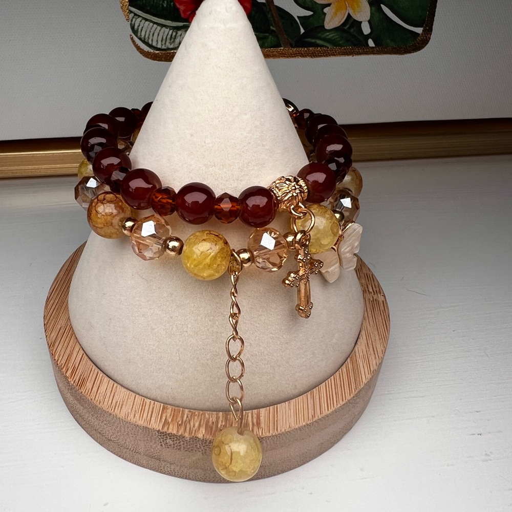 Gemstone Bracelet Set Red Yellow Crackle Cross Charm Boho Christian Butterfly - Picture 4 of 4